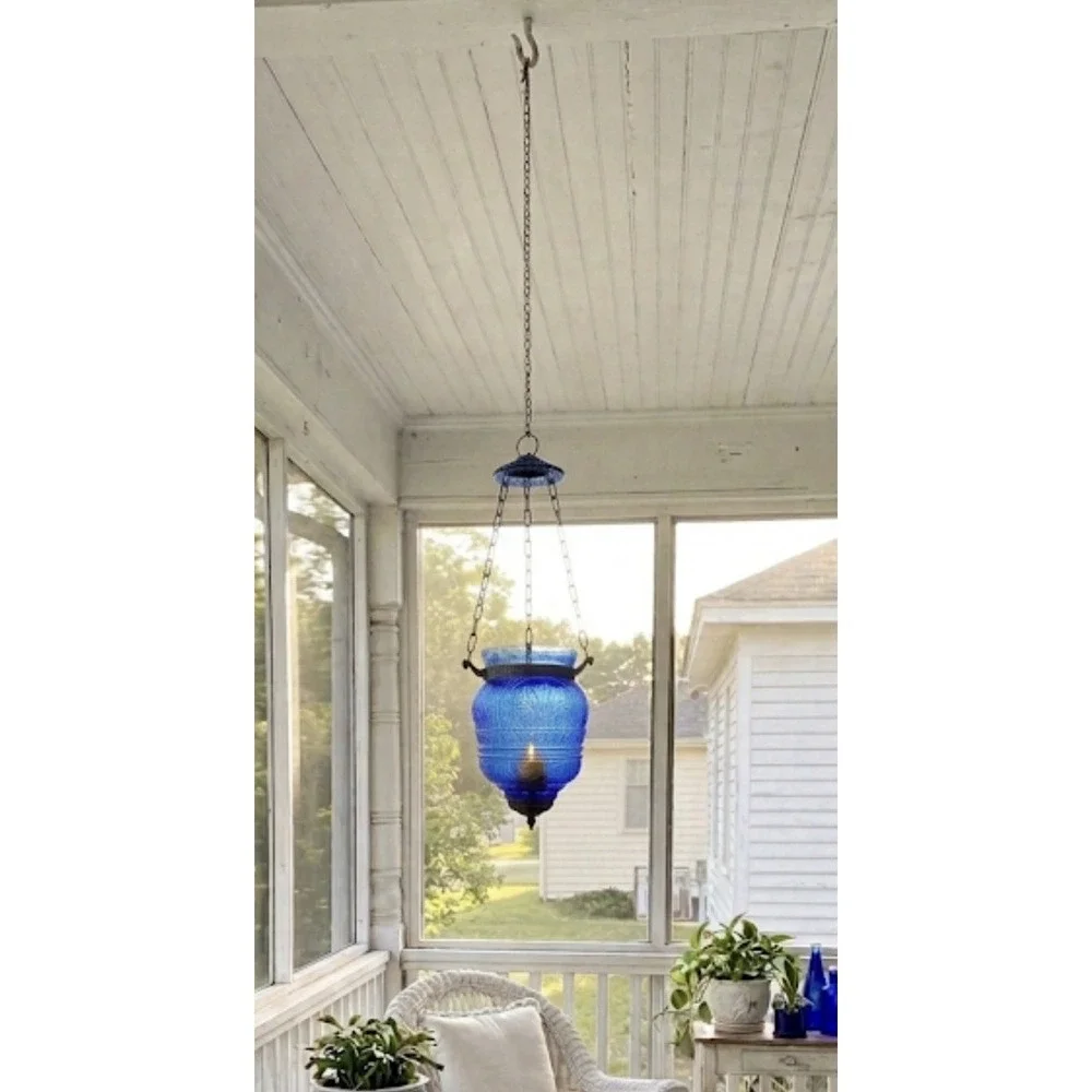 Antique hanging Blue Glass Bell Jar Candle Lantern ~ Pendant Bell